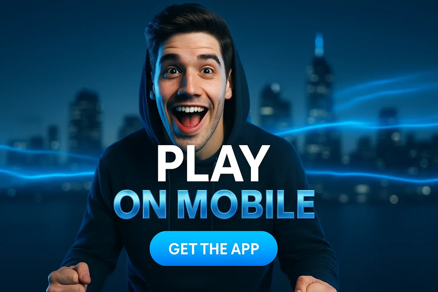 Photorealistic casino banner with British man, neon blue glow and mobile CTA
