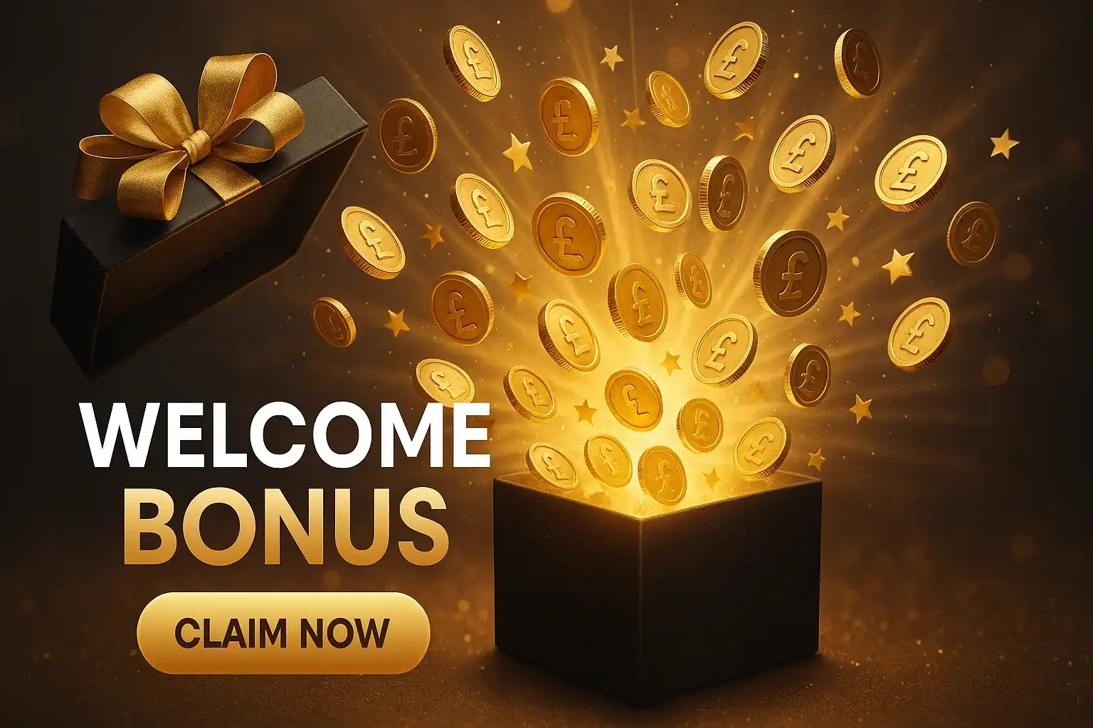 Wide casino bonus banner with luxury gift box, pound coins and confetti