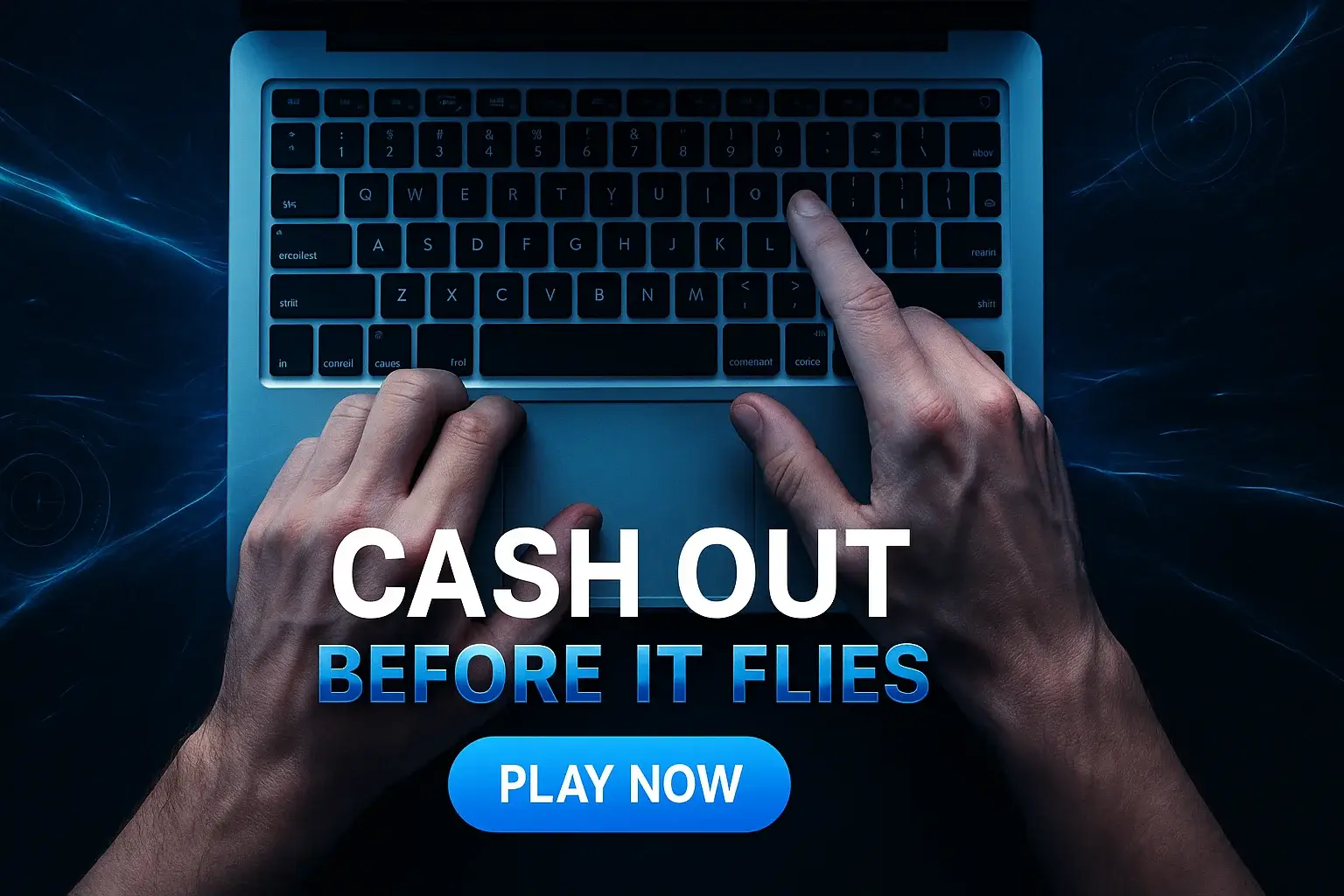 Photorealistic casino banner with tense hands on laptop and cash out text