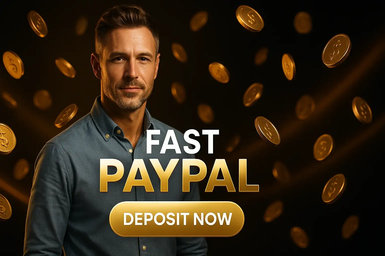 Photorealistic casino banner with British man, gold coins and fast deposit text