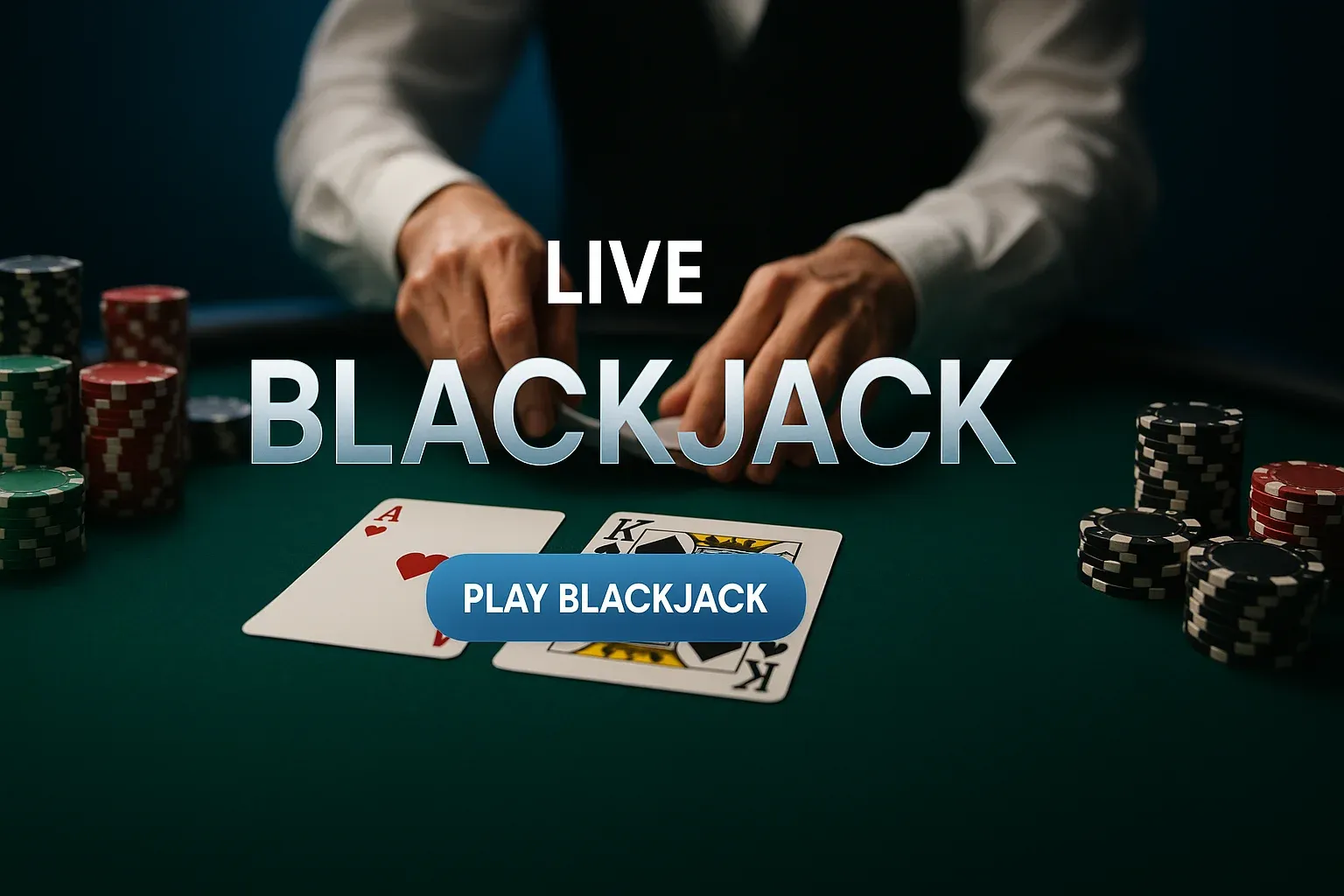 Photorealistic live blackjack table banner with cards, dealer hands and chips