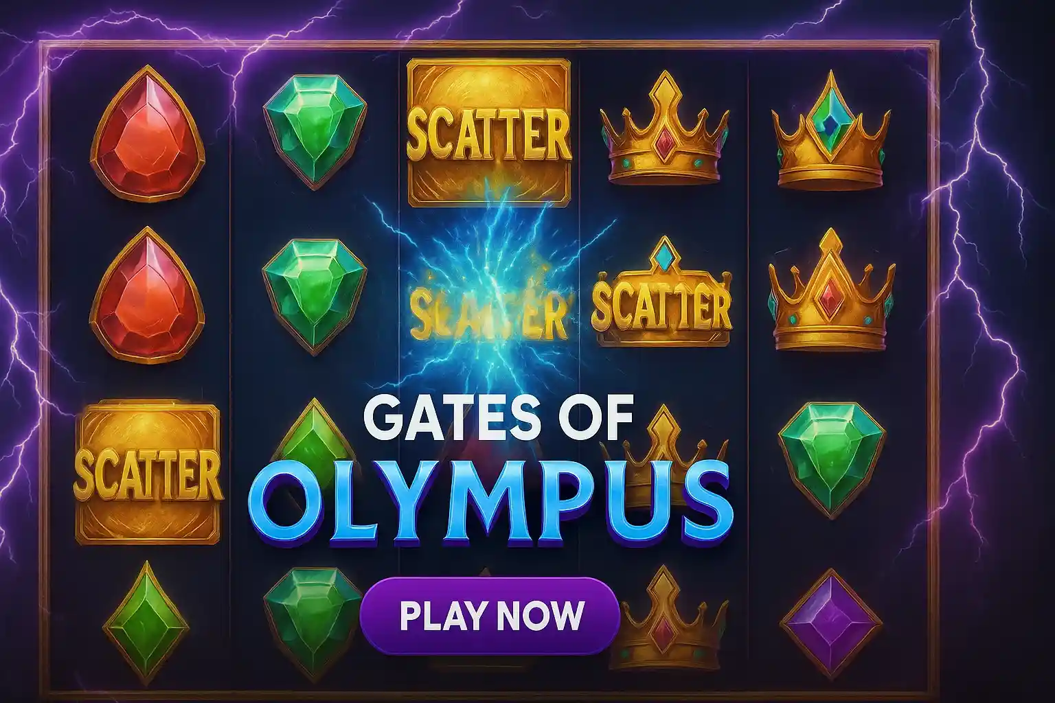 Photorealistic slot reels with purple lightning, glowing scatters and Play Now button