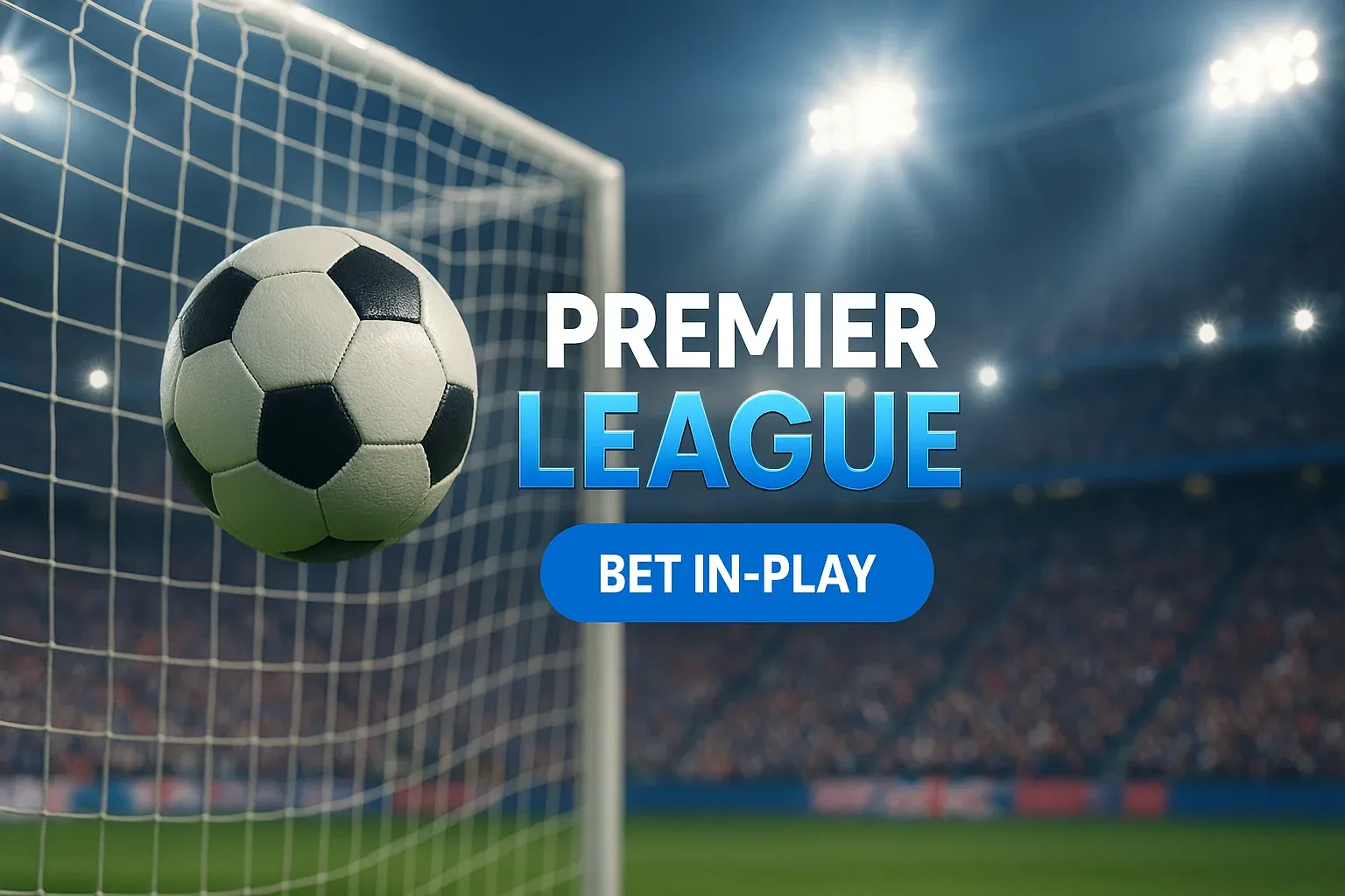 Photorealistic football betting banner with goal net, stadium lights and CTA